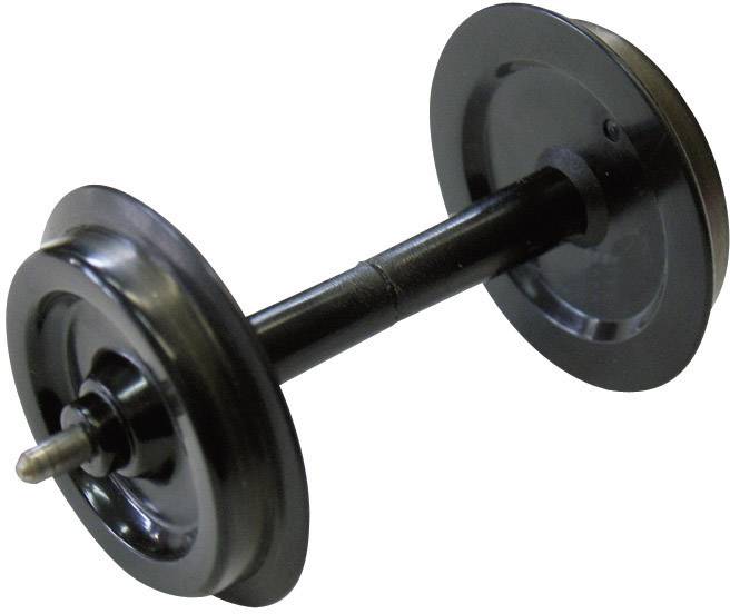 Black, single model of a railway wheel with axle, suitable for model-building projects or model railway layouts.