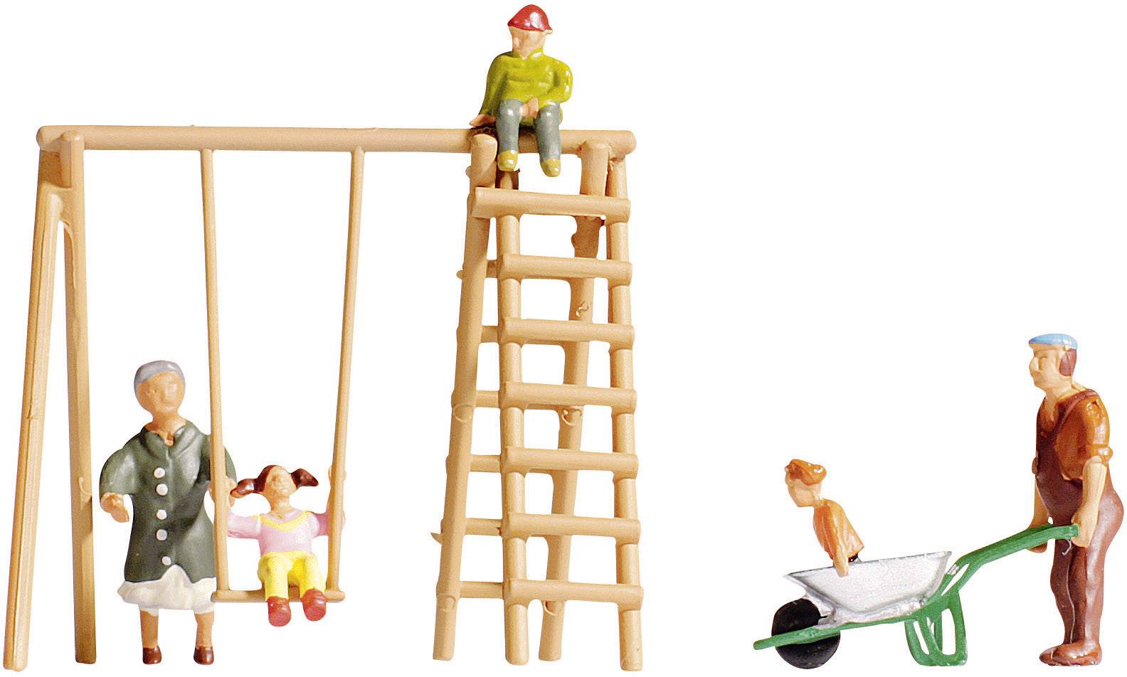 Toy Scene: A miniature man is swinging a child, while another man pushes a child in a wheelbarrow and a third sits atop a ladder.