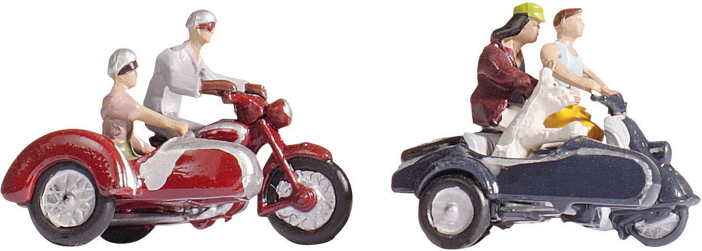 Two motorcycle models with sidecars, each with two figures. One is red, the other blue. Both pairs are wearing helmets.