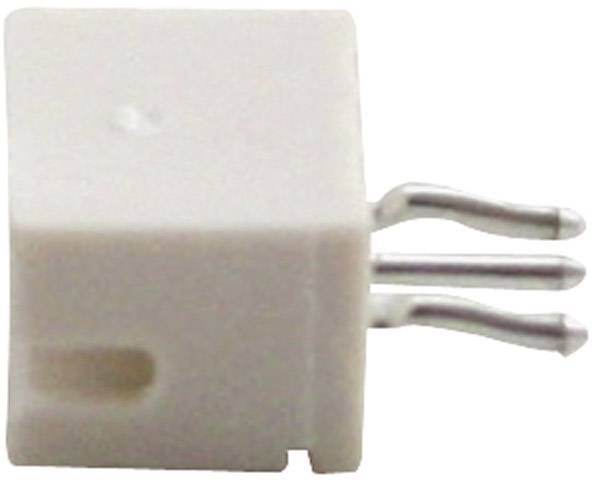 A white, rectangular electrical plug with three metal pins protruding laterally from the casing.