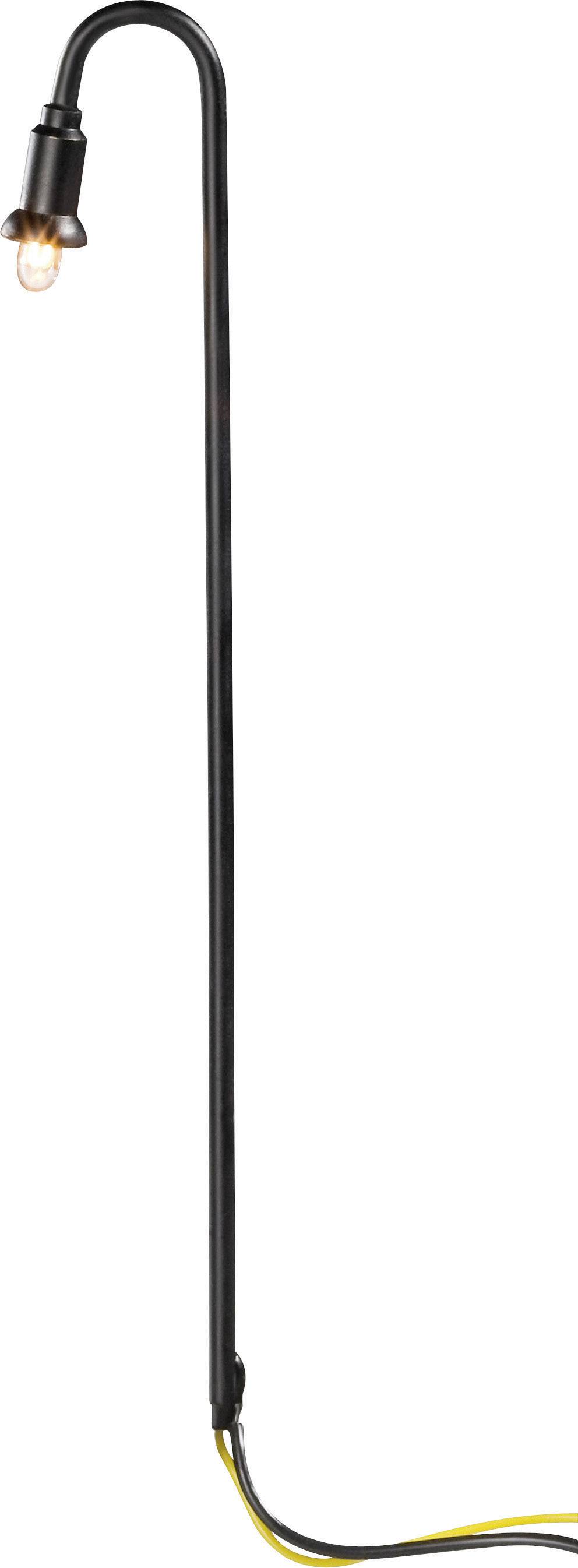 A black lantern with a curved stand and a glowing light bulb at its tip.
