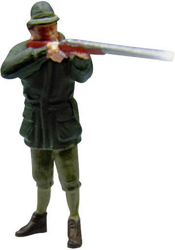 Toy figurine of a hunter with rifle at the ready. Wearing a hat and coat.