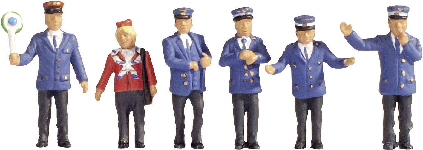 Six model figures in railway uniforms, one woman and five men. They are wearing different blue uniforms and are posing.