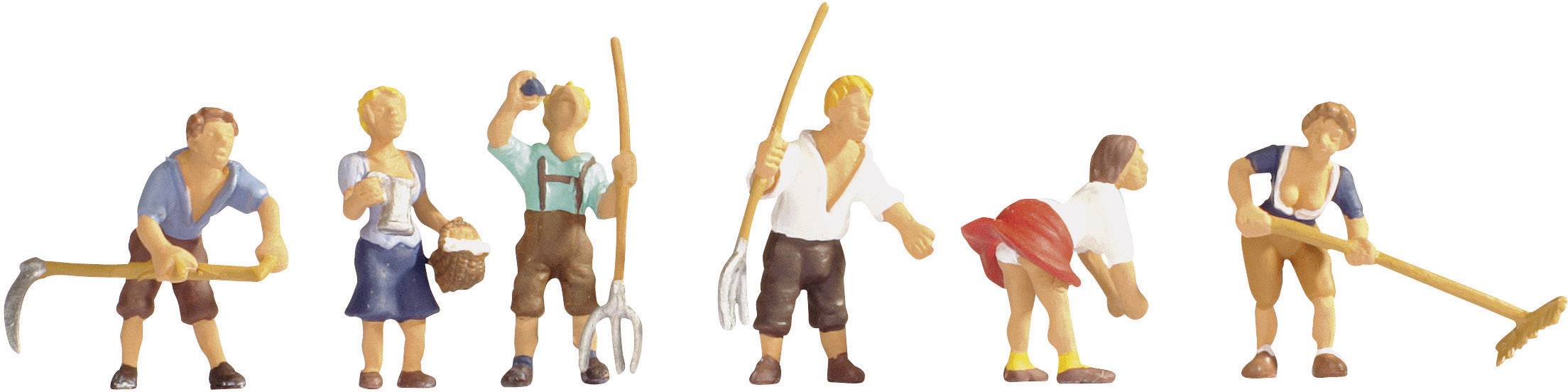 Six miniature figures depict farmers; they are holding agricultural tools and wearing traditional clothing.