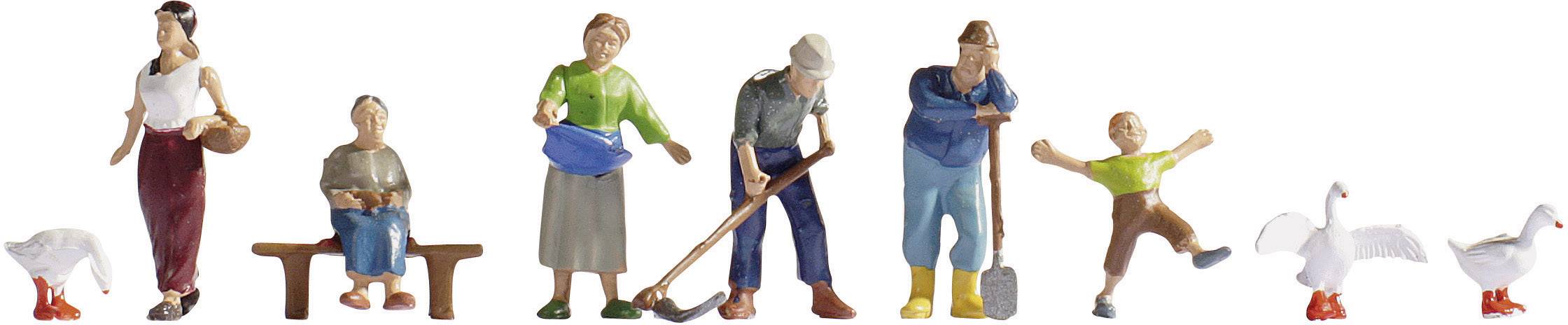 Small figures during gardening: A woman with a spade, a man with a wheelbarrow, a farmer with a goose, and a child dancing merrily.