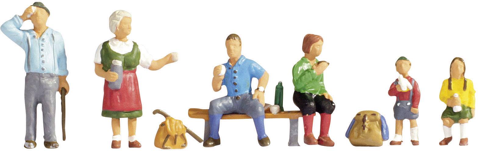 Several miniature figures in casual clothing are sitting or standing, some with drinks, lined up side by side.