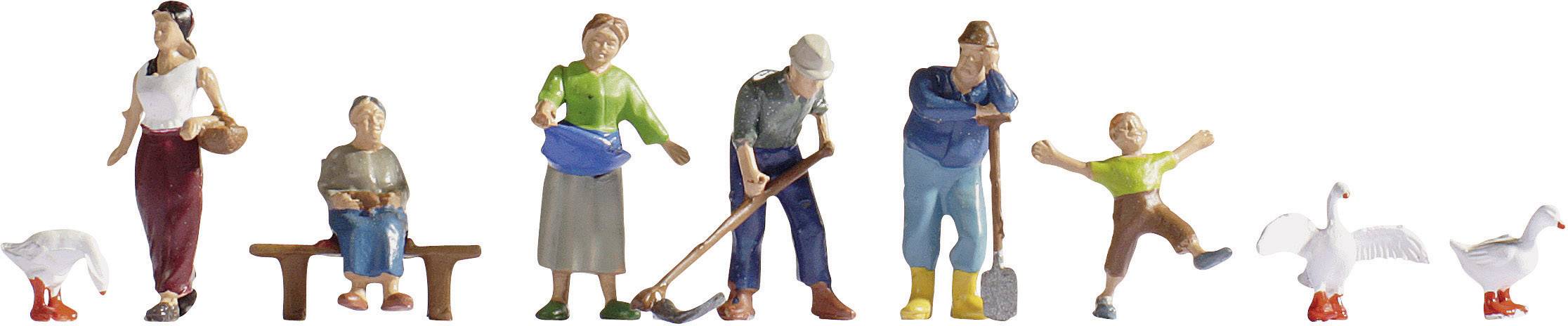 Miniature figures depict a family scene: women with children and animals, working or resting. Geese are positioned on the left and right.