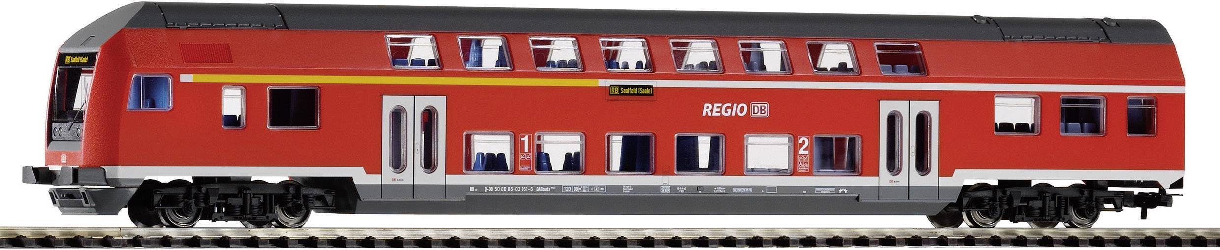 A red regional train carriage with two levels, multiple windows and doors. 'REGIO DB' is written on top. The train is stationary.