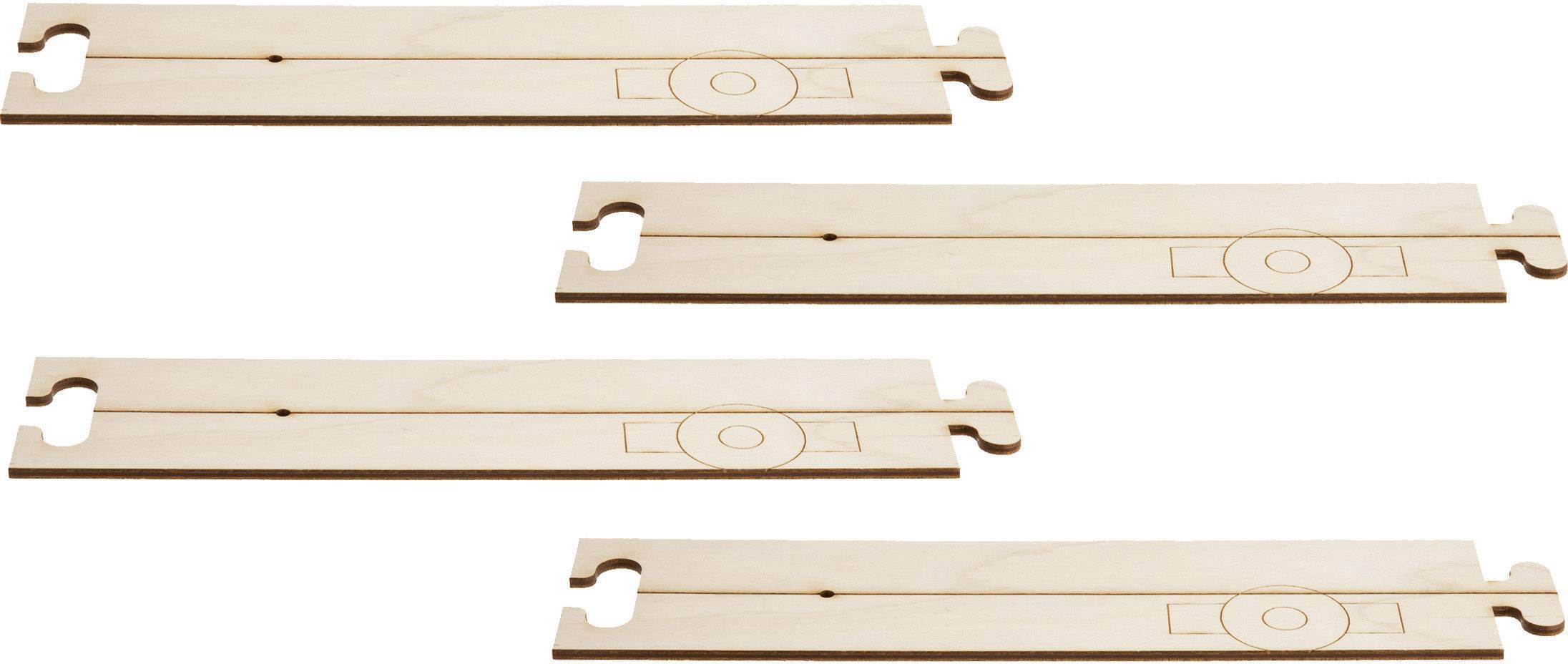 Four flat wooden battens with rounded notches at the ends for connecting. Each batten has a circular pattern.