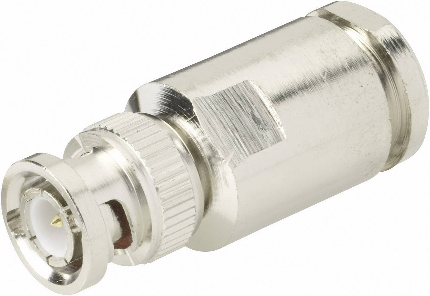 Metal BNC plug, cylindrical shape, coaxial connector used in electronic devices for video or network signals.