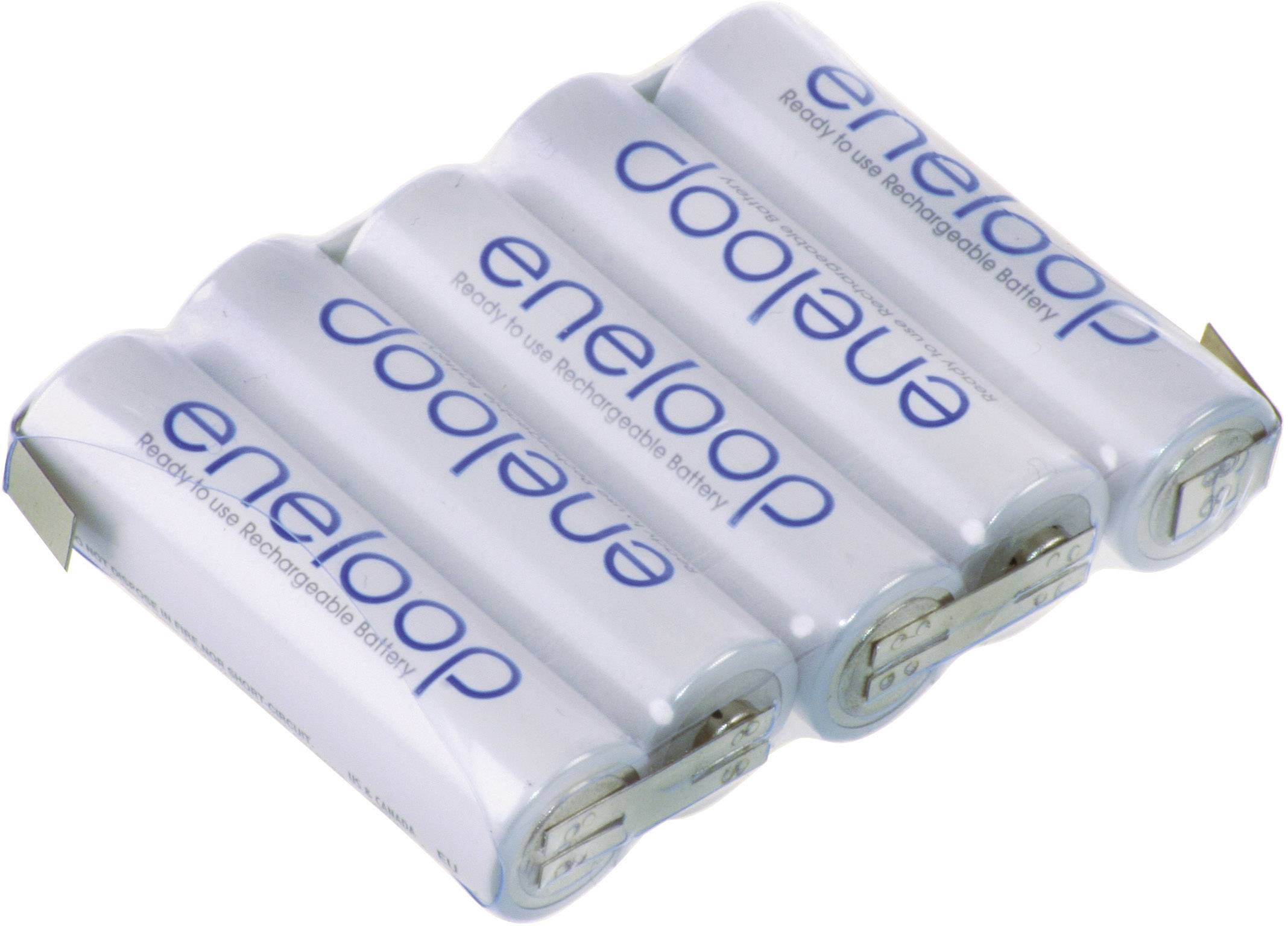 Four white, rechargeable Eneloop batteries in a series, lying side by side.