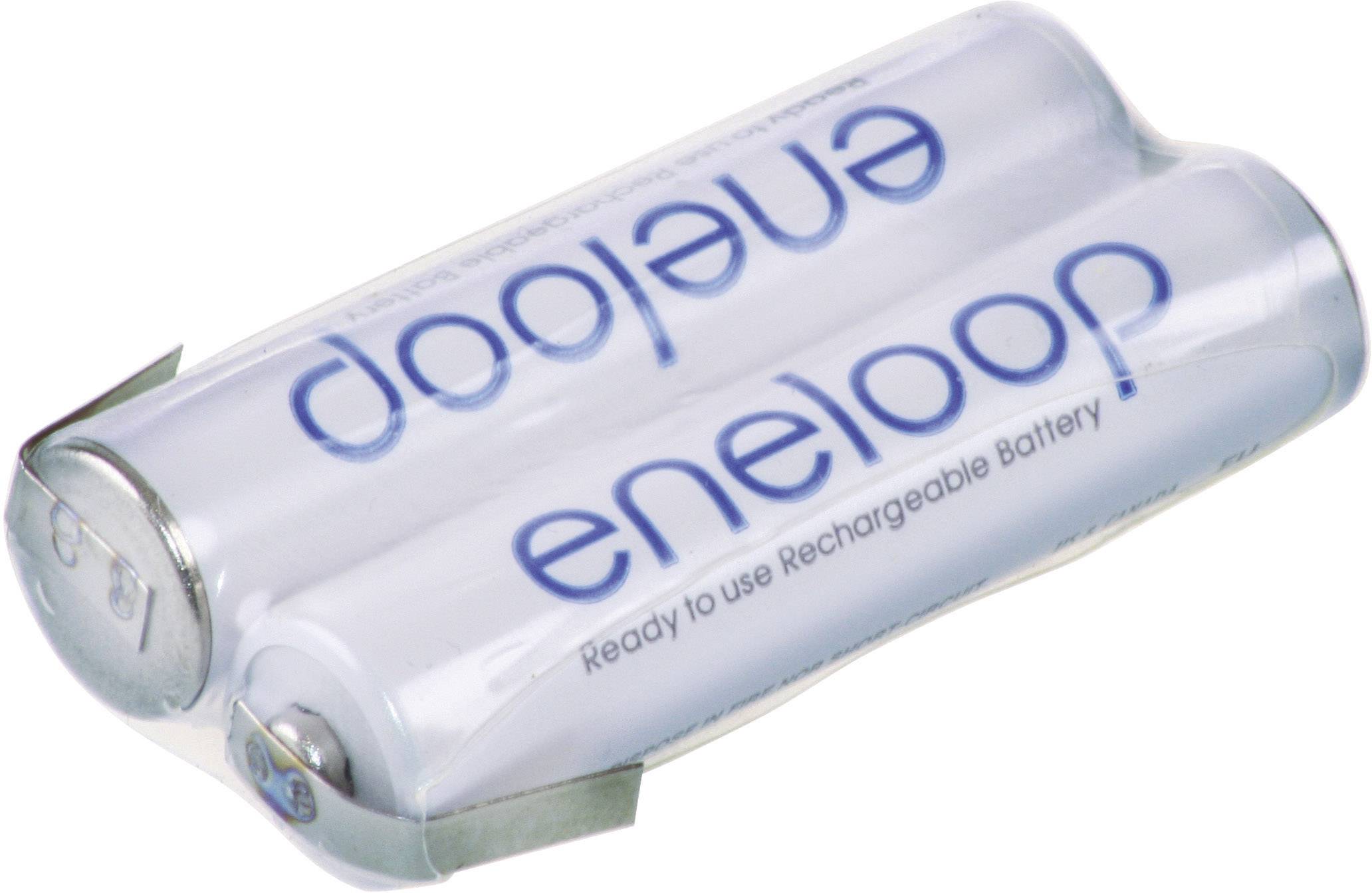 Two white AA batteries from the 'eneloop' brand, lying on a white background, with blue text reading: 'Ready to use Rechargeable Battery'.
