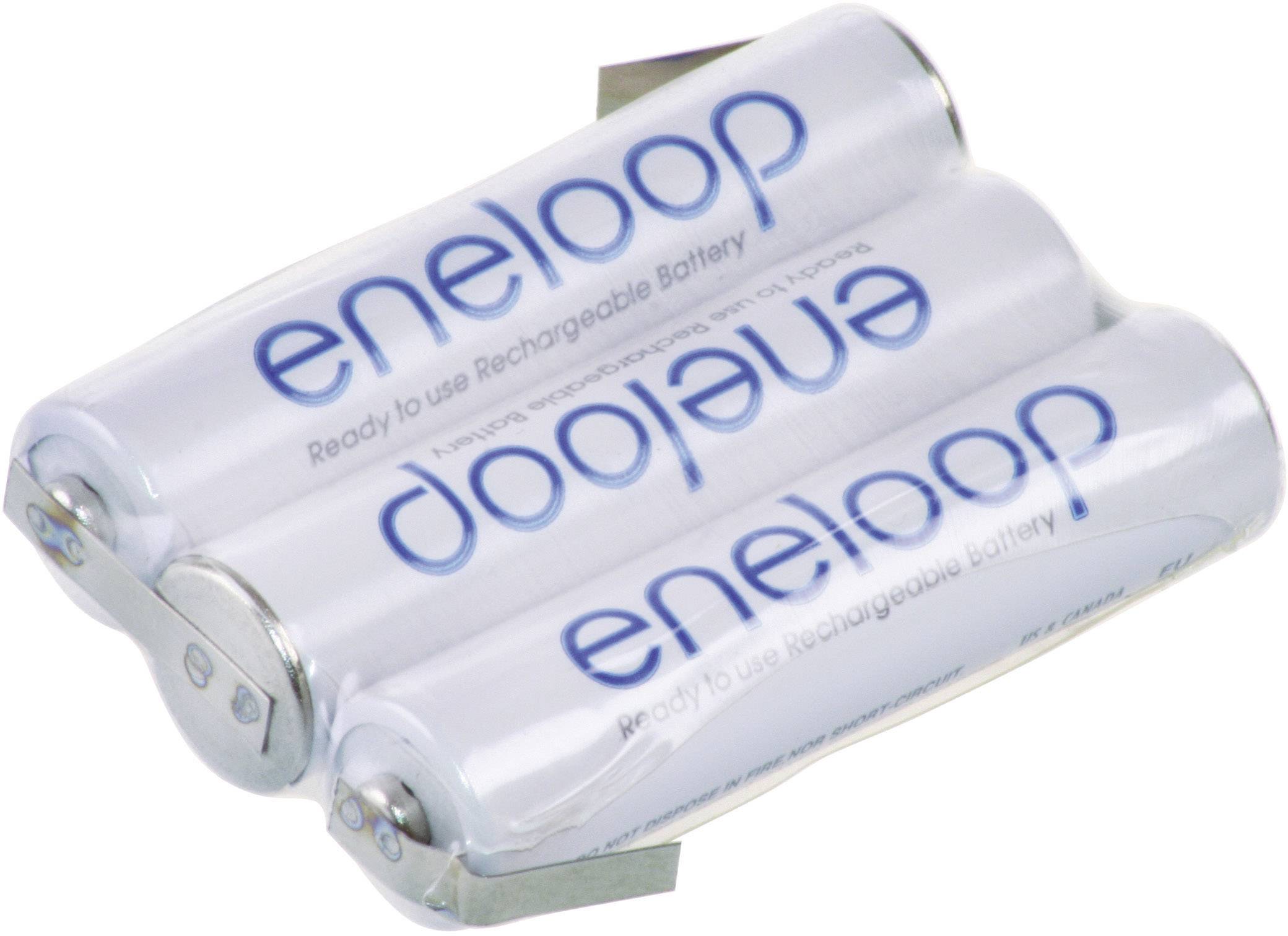 Three AA-size Eneloop rechargeable batteries arranged side by side.