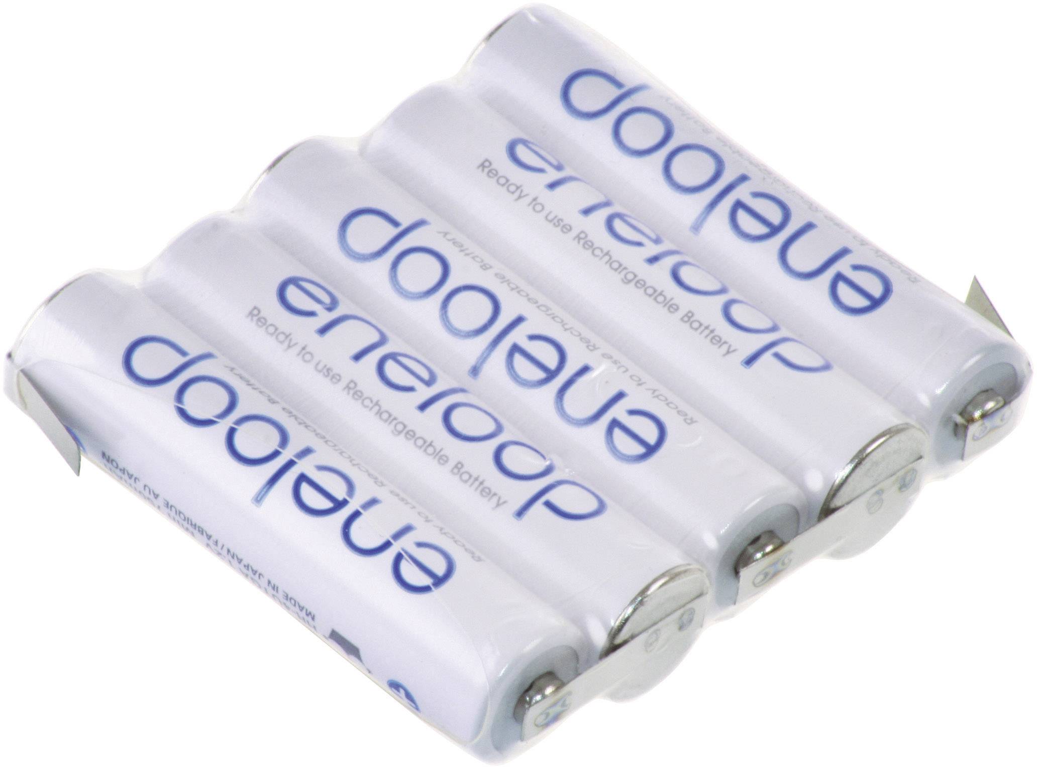 Four white 'eneloop' rechargeable batteries, lying side by side, with blue labelling.