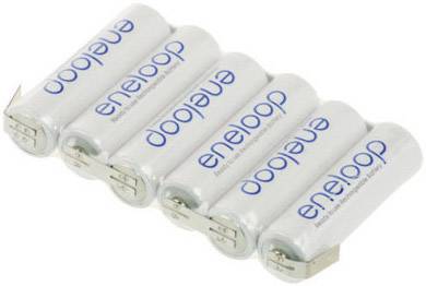 Five white, rechargeable AA batteries by Eneloop, lying side by side, with blue brand lettering.