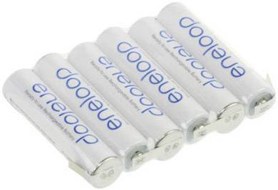 Six white AA batteries with the 'eneloop' inscription in blue lettering, arranged side by side on a light background.