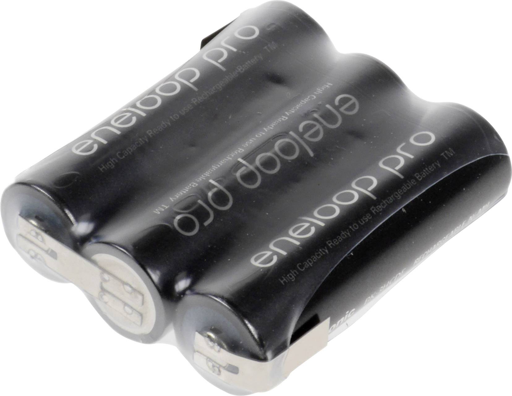 Drei schwarze Eneloop Pro-Akkus, nebeneinander angeordnet, mit der Aufschrift 'High Capacity Ready to Use Rechargeable Battery'.