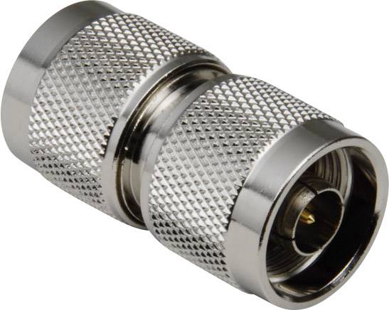 Metal adapter with a ribbed external surface and two round ends, typically used for coaxial cable connections.