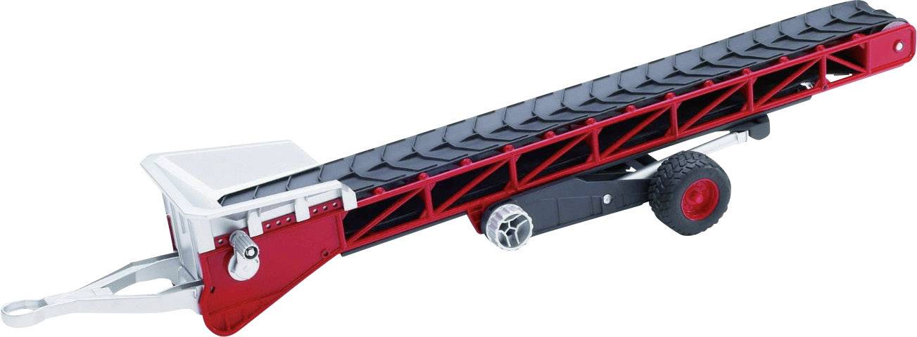Toy conveyor belt with a black belt and red side panels. It has small wheels and a white connection for pulling or pushing.