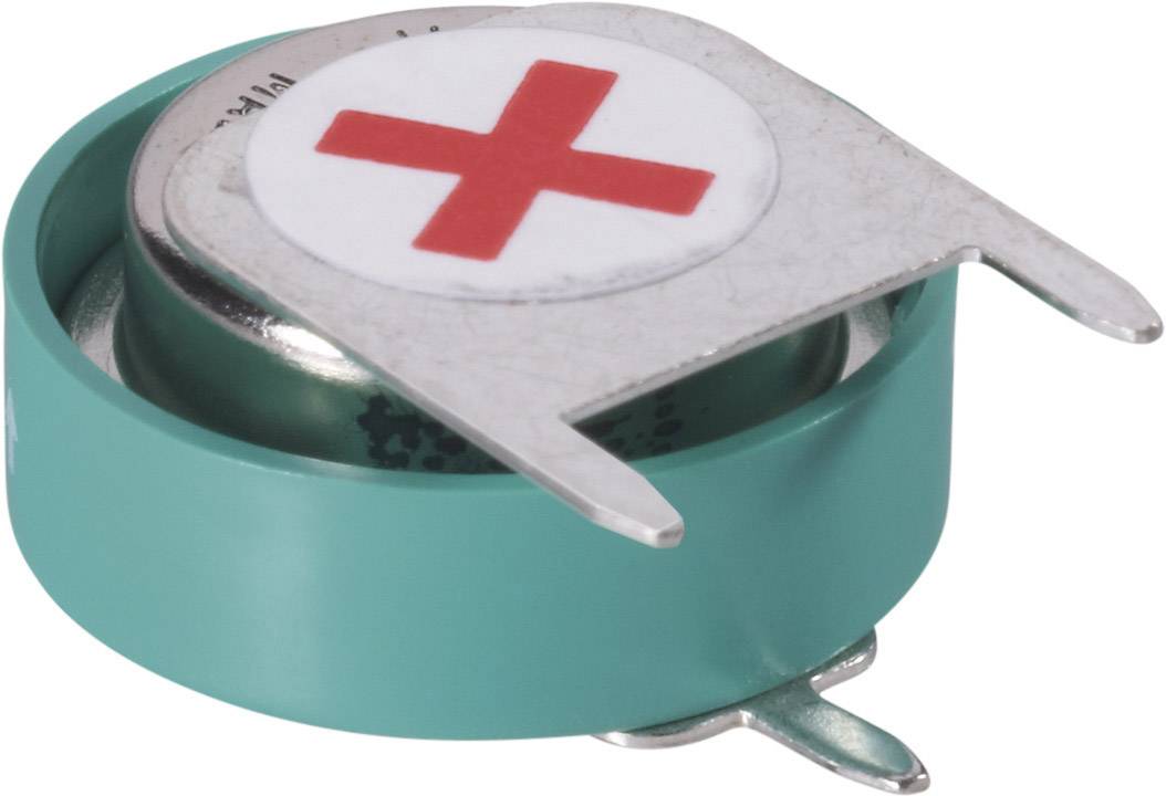 A green battery with a metal clip and a red cross on the top surface, possibly a warning indicator.