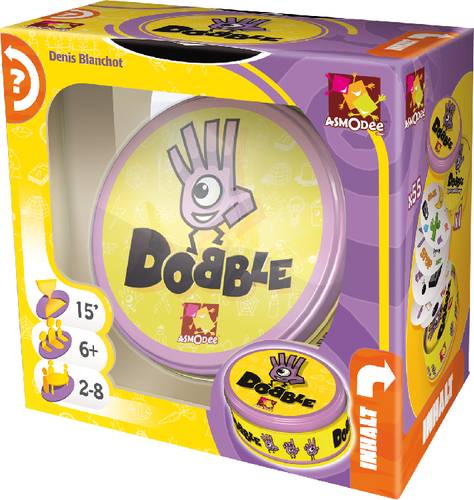 Box of the Dobble game with a yellow background, logo in the centre, suitable for 2-8 players, ages 6 and up, game duration 15 minutes.