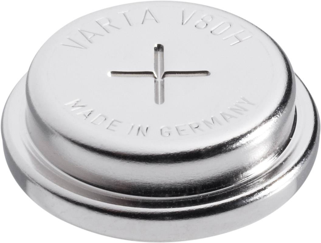 Silver button cell with the inscription 'VARTA V80H' and 'MADE IN GERMANY', showing a plus sign on the top surface.