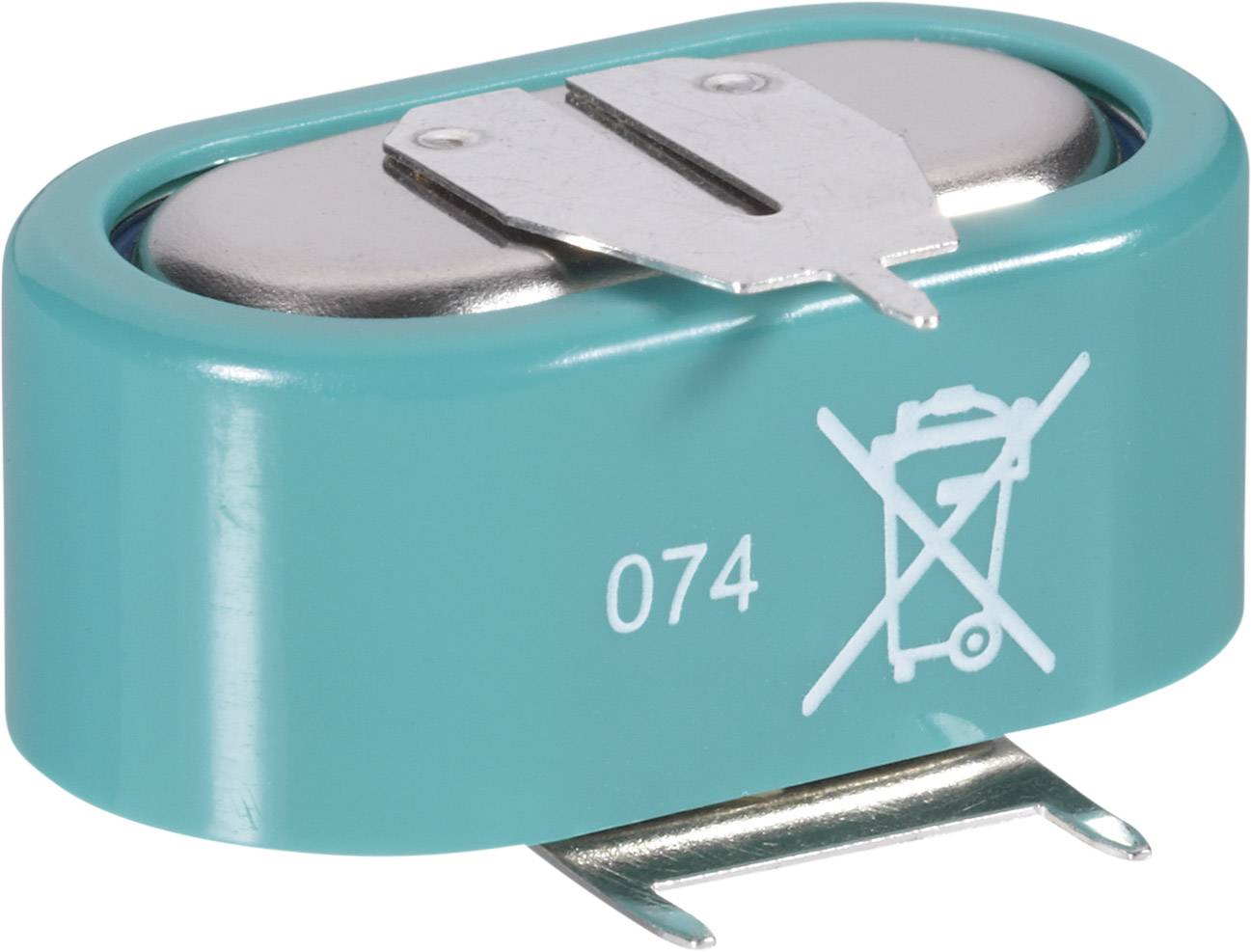 A green battery with a metal tag on top, below it a symbol of a crossed-out dustbin and the number '074'.