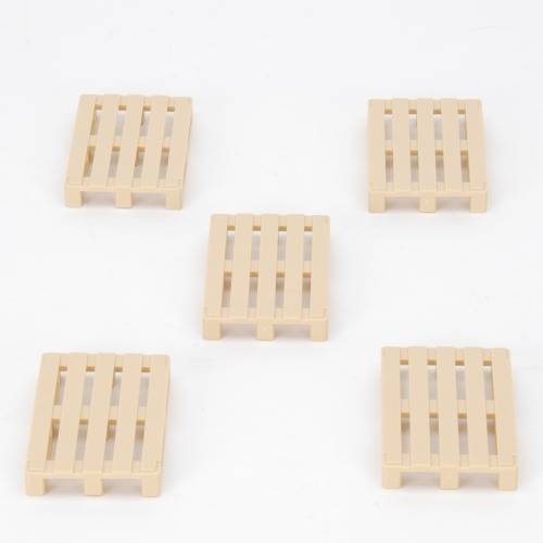 Five beige miniature pallets arranged on a white background.