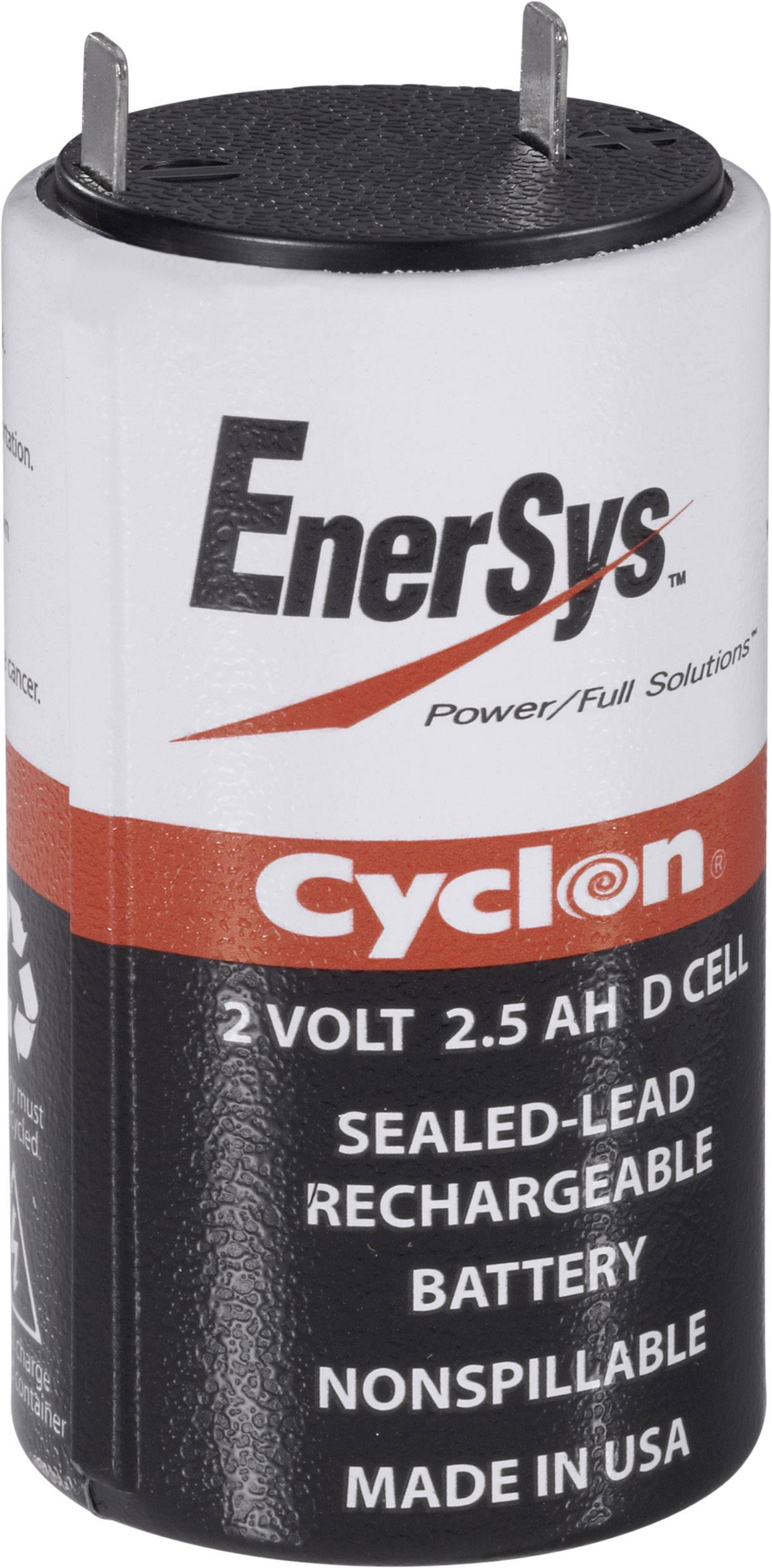 2 Volt 2.5 Ah D-cell battery by EnerSys, Cyclon model, sealed lead-acid battery, non-spillable, manufactured in the USA.