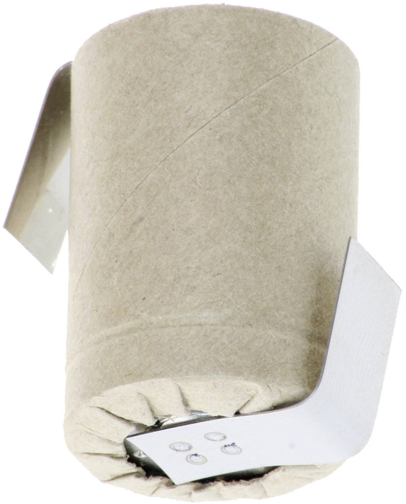 Empty toilet paper roll with holders for additional use, such as a holder for various items.