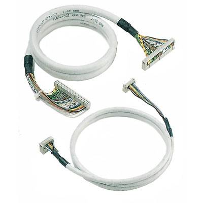 White computer cables with multi-coloured wires and connectors, used to connect hardware components in a device.