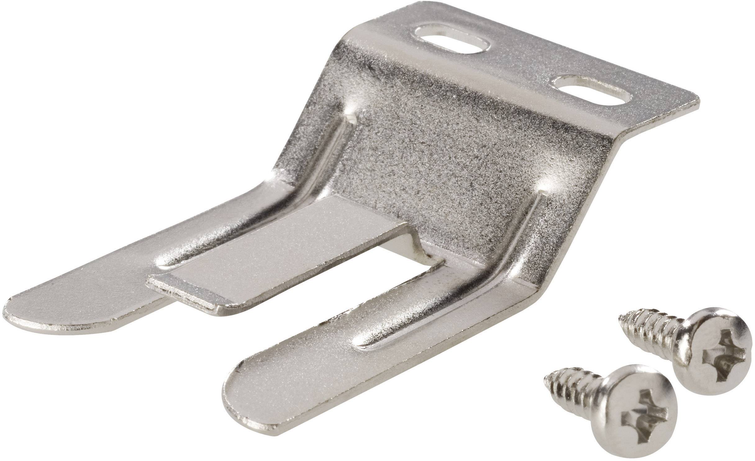 Metal angle bracket made of silver-coloured metal with two fixing screws.