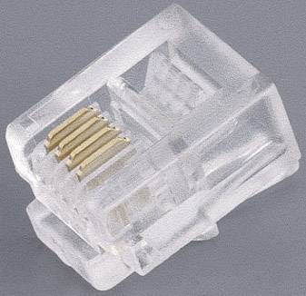 A transparent RJ45 plug, typically used for connecting network cables. It features gold-plated contacts for data transmission.