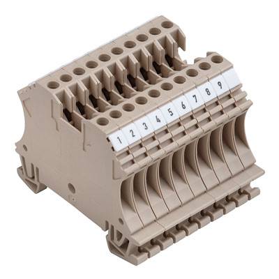 Multi-pole plastic terminal block with numbered connections from 1 to 10, suitable for electrical wiring.