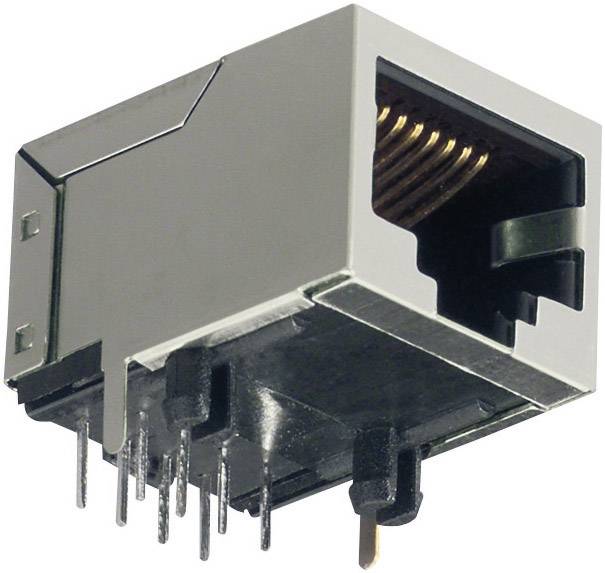 Close-up of an Ethernet port with a metallic casing, showing the front of a network cable connection.