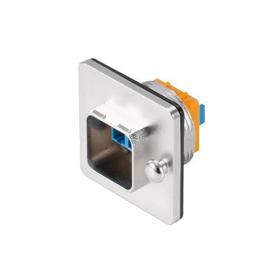 A metallic connector with a square mounting plate and orange element, suitable for fibre optic connections.