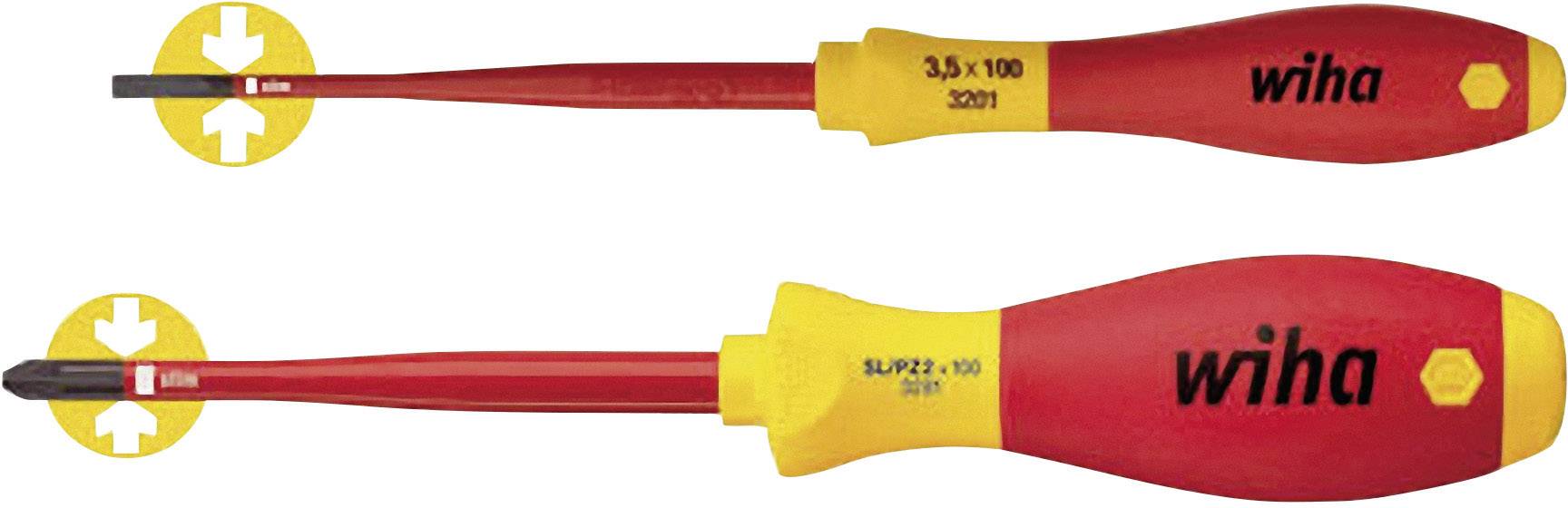 Two screwdrivers by 'Wiha': at the top a slotted screwdriver, below a slotted screwdriver with an insulated handle for electrical work.