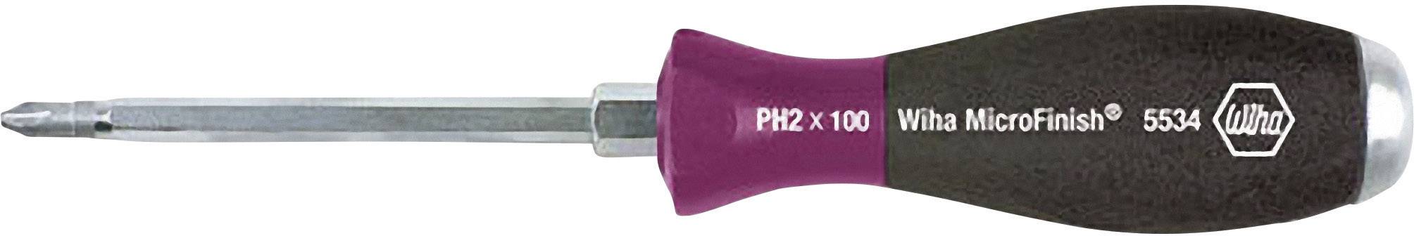 Screwdriver with brown handle and metal tip, marked with 'Phillips PH2 x 100' and 'Wiha MicroFinish 5534'.
