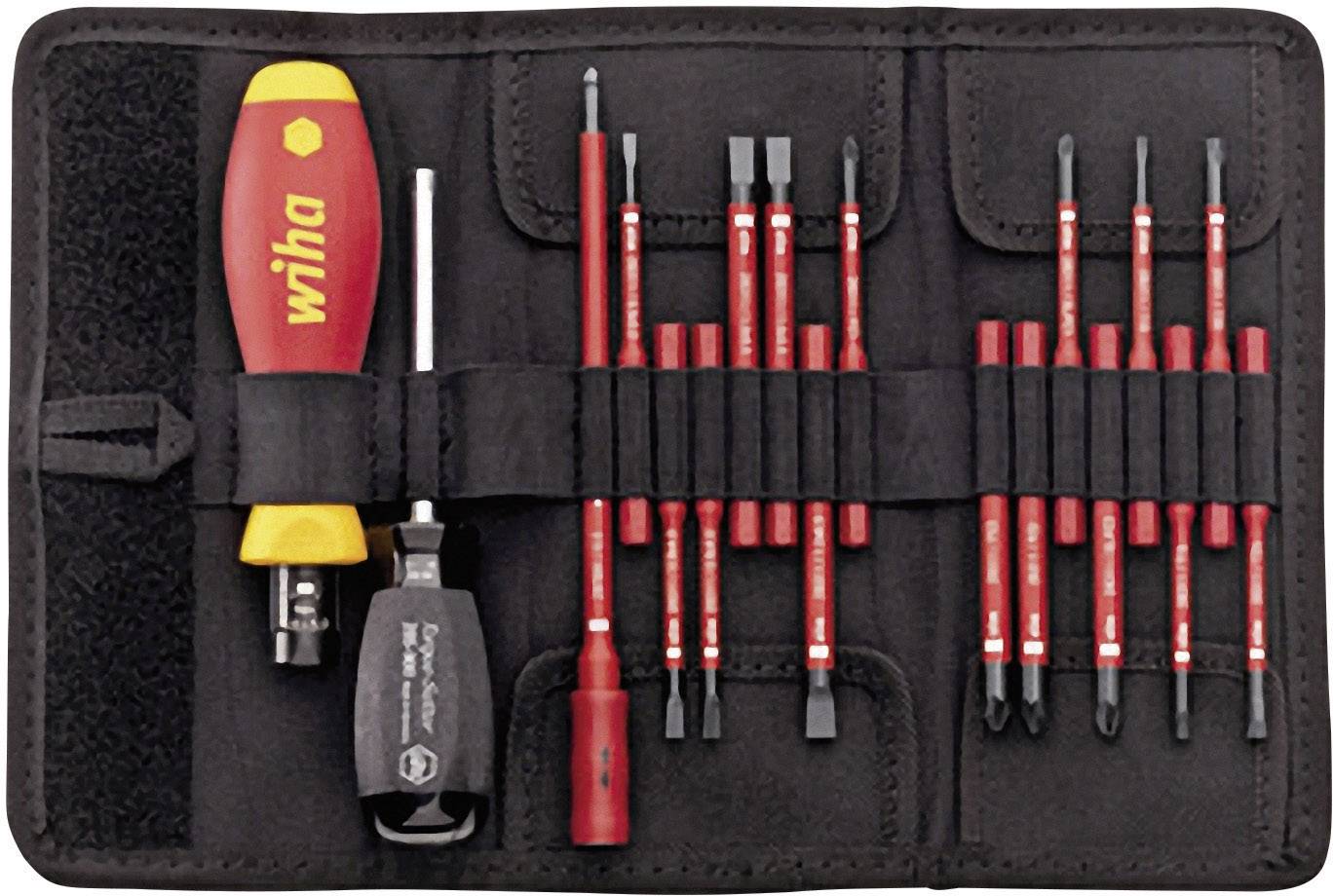A screwdriver set in a black fabric case, comprising a main handle, spare blades, and an insulation holder.