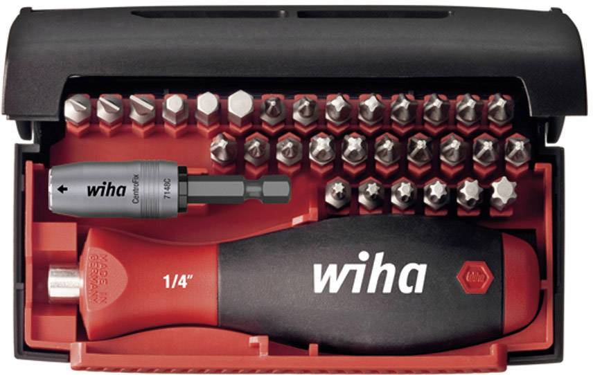 Bit set by Wiha in a black case with red interior lining. Contains various bits and an ergonomic handle.