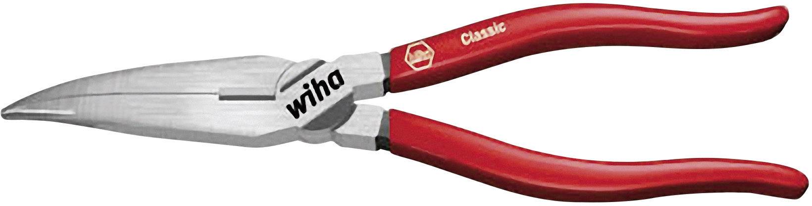A red Wiha combination pliers with a curved head and insulated handles, suitable for electrical work and precise gripping.