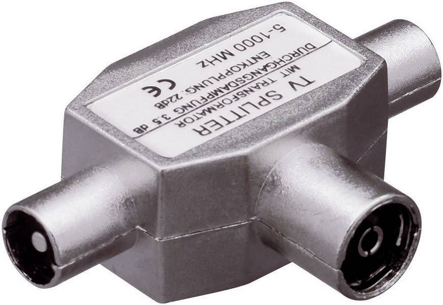 Metallic TV splitter with three coaxial connections for frequencies from 5-1000 MHz, CE-certified.