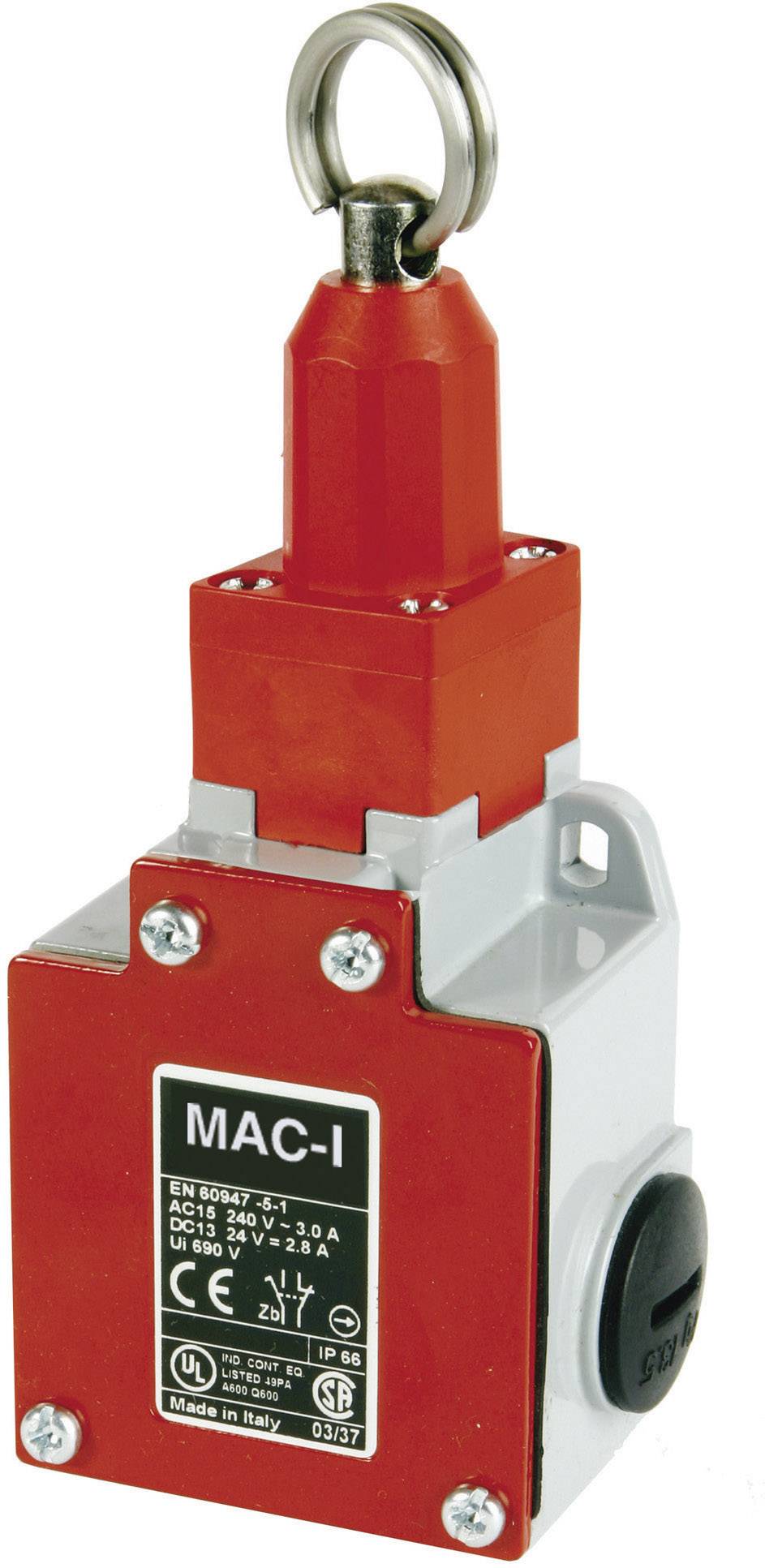 A red end switch with a metal ring at the top, labelled 'MAC-I' and with technical specifications, lying on a table.