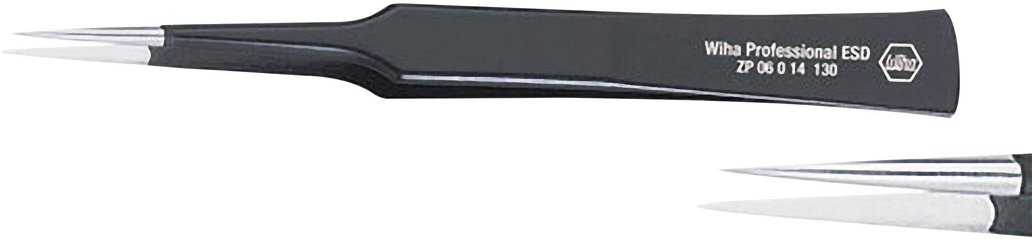 Black, anti-static precision tweezers by Wiha with fine tips, suitable for working with sensitive electronic components.