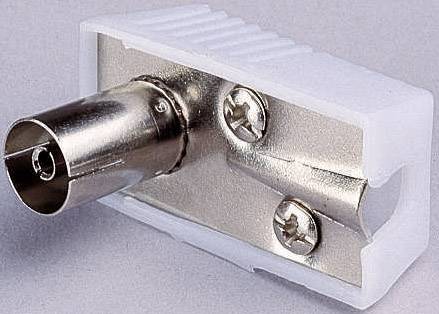 A metal coaxial connector in a white plastic housing with two fixing screws.