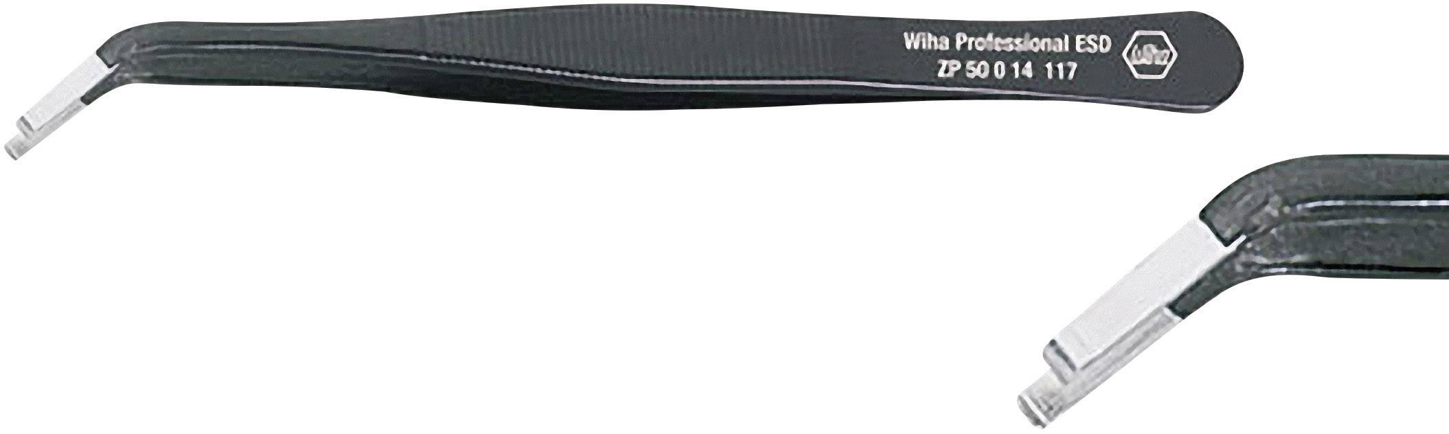 A black anti-static tweezers with silver tips, bearing the marking 'Wiha Professional ESD ZP 50 014 117'.