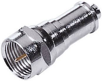 A silver coaxial cable plug with threading, primarily used for connecting televisions or internet modems.
