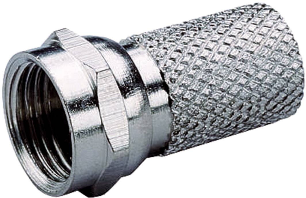 A silver coaxial plug with a knurled surface, used for connecting antenna cables.