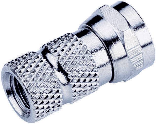 A silver metal plug, probably a coaxial connector, with a knurled surface for improved grip.
