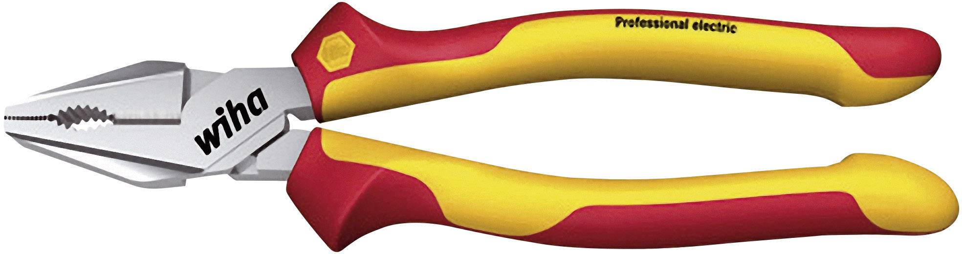A red and yellow pliers with 'wiha' printed on the head, suitable for electrical work.